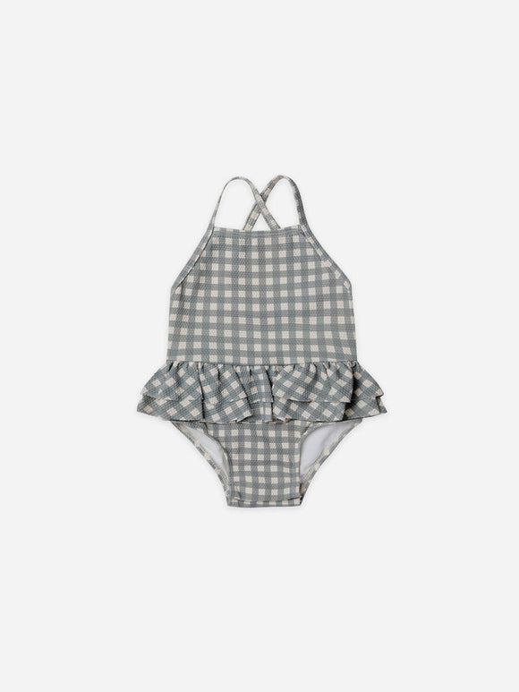 Quincy Mae Ruffled One-Piece Swimsuit - Sea Green Gingham
