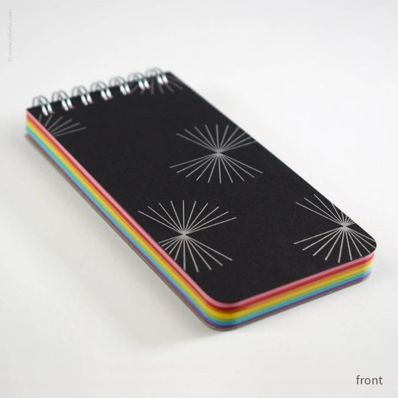 Inkello Letterpress Small Spiral Notepad - Black With Bursts + Rainbow Pages