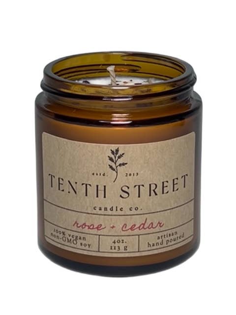 Tenth Street Candle Co. | Soy Wax Candle 4 oz. Amber Glass Jar - Rose + Cedar